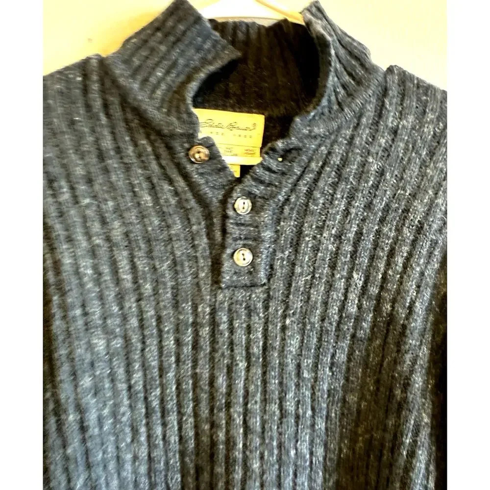 VTG 90s Eddie Bauer Henley Wool Sweater Fisherman Collared Ribbed Chunky Mens M